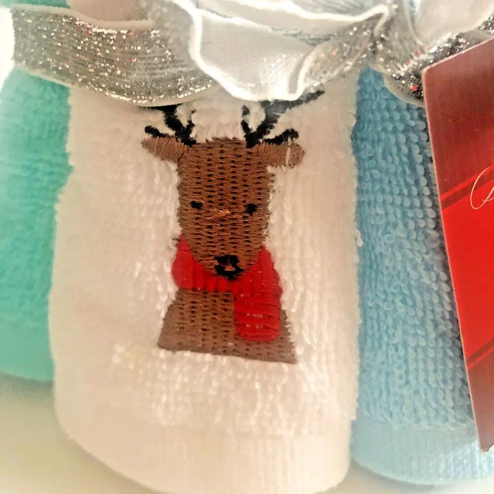 Christmas Embroidered Washcloths Facecloths Set of 6 White Blue Aqua 12x12